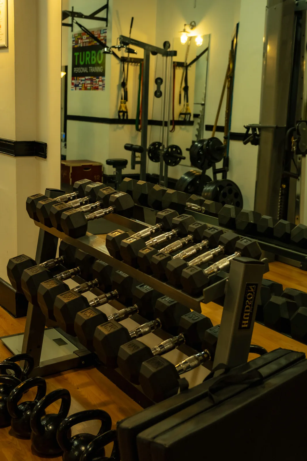 Strength training equipment inside the private Turbo studio